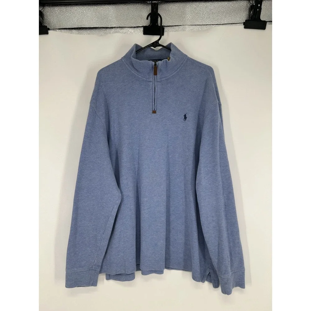 Polo Ralph Lauren‎ Sweater Leather Tab Quarter 1/4 Zip Pullover Light Blue 2XL